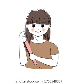 Ilustración vectorial de una joven que usa alisador de pelo