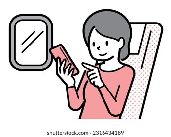 Vector illustration of a young woman using a smartphone on an airplane