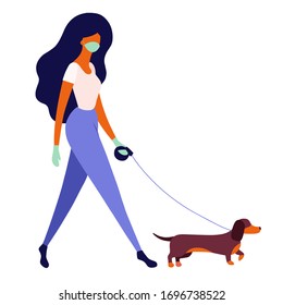 Vector illustration of a young woman walking the dog and wearing the medical face mask and gloves to prevent the spread of the corona virus