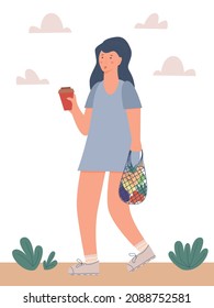 Vector illustration, young woman walking with eco bag full of vegetables and cup of coffee in other hand. Sustainable shopping concept, plastic free lifestyle, zero waste concept