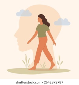 Vector illustration of a young woman walking mindfully, symbolizing mental clarity, self awareness, and inner peace. Flat minimal style, ideal for wellness, psychology, blog, and editorial content.