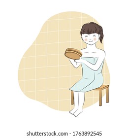 Vector illustration of young woman washing body with japanese wooden bucket