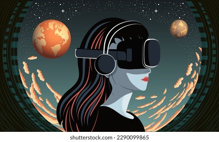 Vector Illustration Of Young Woman Wearing VR Box With Headphone On Outer Space Background.