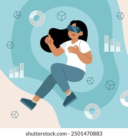 Vector illustration of a young woman wearing virtual reality glasses, immersed in a digital environment with floating graphics and geometric shapes, representing a VR experience.