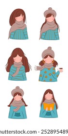 Ilustração vetorial de uma jovem vestindo um gorro (chapéu) e cachecol acolhedor no inverno com diferentes variações de cabelo. Garotas com roupas quentes.