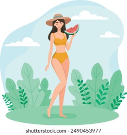 Vector illustration of a young woman wears bikini with watermelon in her hand. Flat style summer concept