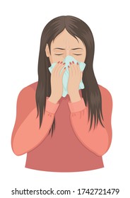 Vector illustration with a young woman who cries, sneezes or coughs