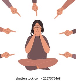 Vector illustration of a young woman who covers her face, surrounded by hands with an index finger pointing at her. Public censure and victim blaming, psychological abuse.