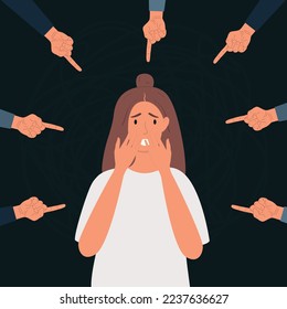 Vector illustration of a young woman who covers her face, surrounded by hands with an index finger pointing at her. Public censure, psychological abuse, bullying.