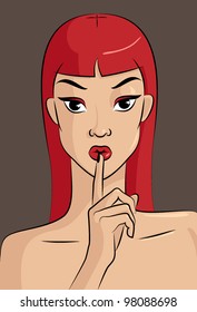 Vector illustration of a young woman who is asking you to keep quiet, holding her index finger on her lips.