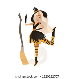 Vector illustration of young woman in witch costume with broomstick for halloween party invitation or greeting in cartoon style isolated on white background - girl in autumn holiday dress.