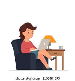 vector illustration young woman work at her home, sitting cozy in her couch or sofa. freelancer work at home with her laptop. remote work from home