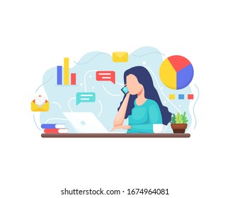 Vector illustration Young woman working with laptop. Concept Illustration of working in office, Multitasking woman Working by answering telephone. Vector flat style illustration