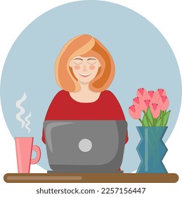 vector illustration of a young woman working on a laptop at a table with flowers and a cup of tea