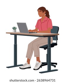 Vector illustration of a young woman working on a laptop, sitting at a desk. Modern office scene with ergonomic chair, indoor plant, and casual outfit. Remote work or freelance lifestyle concept