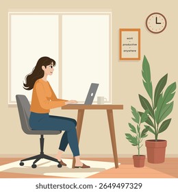 Vector illustration of Young woman working remotely on a laptop at a cozy home office desk. Modern workspace with natural light, indoor plants, and minimalist decor.
