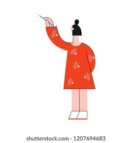 Vector illustration of young woman writing or drawing with pencil in trendy flat style - female character standing with her back with writing instrument isolated on white background.