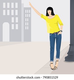 Vector illustration of young woman in yellow shirt and jeans on high heels trying to catch a taxi with hand on the street.