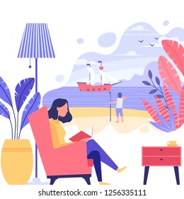 Vector illustration. Young woman's reading a book and imagining herself as a main character