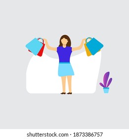 Vector illustration,  young women carrying lots of grocery bags, women finished shopping, happy shopping, modern flat people character