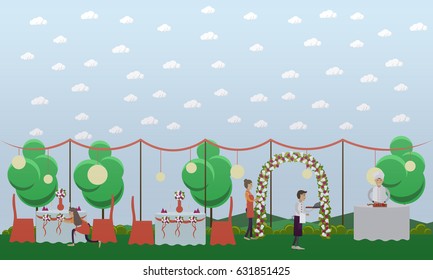 Vector illustration of young women decorating wedding tables and arch for outdoors wedding party. Chef and restaurant staff preparing food for wedding reception. Flat style design elements.