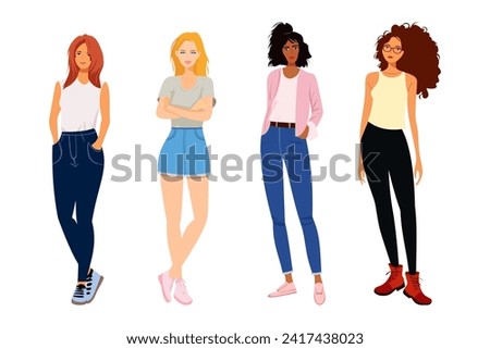 Vector illustration of young women of different races and different clothes. Female students in modern, comfortable clothes: skirts, jeans, T-shirts, jackets. Set of people for design, poster, banner.