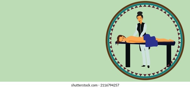 vector illustration of young women enjoying a massage at spa, salon, laying down with towel covered and masseur performing massage service.  