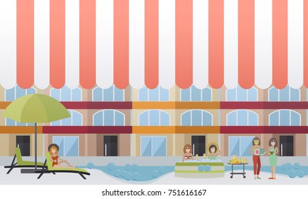 Vector illustration of young women enjoying the baths, cosmetic facial treatment and rest. Spa hotel services concept design elements in flat style.