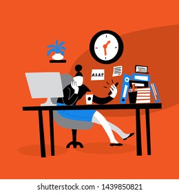 Vector illustration of young women sitting on her workplace and watching phone. Procrastination. Flat cartoon style. Red background