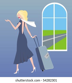 Vector illustration of young women with the suitcase.