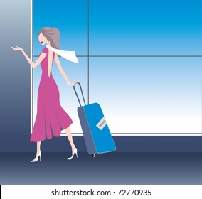 Vector illustration of young women with the suitcase.