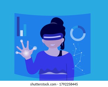 vector illustration of a young women using virtual reality technology in interactive display concept design.