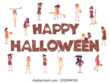 Vector illustration with young women in witch costumes and hand drawn lettering Happy Halloween isolated on white background. Design for print, card, invitation, decor