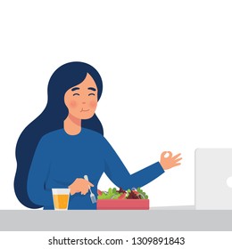vector illustration young worker eat salad in her office, healthy lifestyle illustration of woman eat raw vegetables for lunch