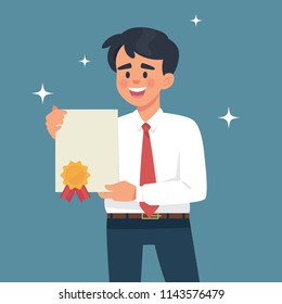 vector illustration young worker shows his achievement paper, man shows blank paper