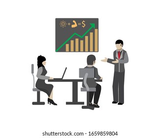 vector illustration, young workers thinking of ways to become successful entrepreneurs.