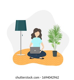 Vector illustration of young working woman on floor rug or carpet with laptop or computer in home. Young freelancer girl, coworking space, houseplant. Self isolation, Coronavirus Covid-19 quarantine.