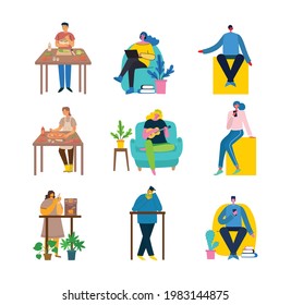 Vector illustration of young working woman on arm chair with laptop or computer in home. Young freelancer girl and boy, coworking space, houseplant