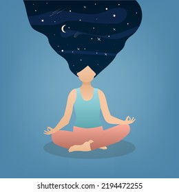 vector illustration of a young yogi woman meditating in the lotus position, in a state of nirvana. the concept of spiritual practice, work with the subconscious, connection with the universe, space