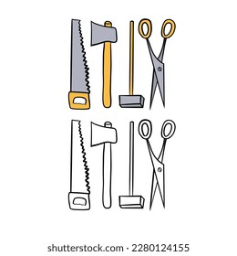 Vector illustration for your design. Colored and black line outline. Saw, axe, hammer, scissors.