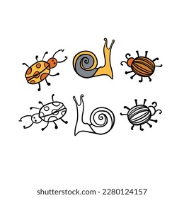 Vector illustration for your design. Colored and black line outline. Garden set. Garden beetles.
