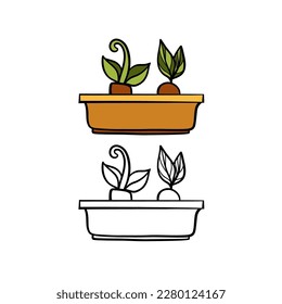 Vector illustration for your design. Colored and black line outline. Rubber boots, apron, rubber gloves. Garden set.