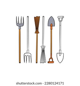 Vector illustration for your design. Colored and black line outline. Garden set. Pitchfork, shovel, broom.