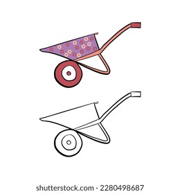 Vector illustration for your design. Colored and black line outline. Wheelbarrow