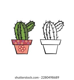Vector illustration for your design. Colored and black line outline. Garden set. Flower in a pot.