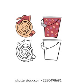 Vector illustration for your design. Colored and black line outline. Garden set.