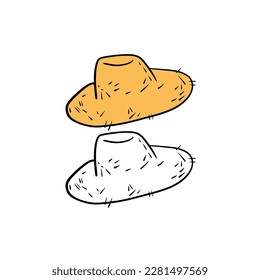 Vector illustration for your design. Colored and black line outline. Garden set. Straw hat.