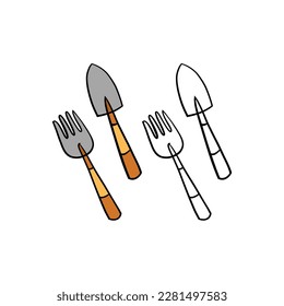Vector illustration for your design. Colored and black line outline. Garden set. Tools. Fork and shovel