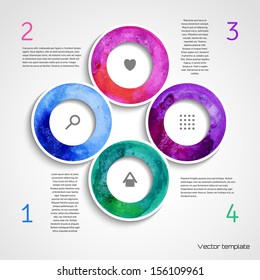 Vector illustration for your design. Colorful watercolor circles and information icons.  Hand drawn aquarelle shapes. Can be used for diagram, options, web design, infographics.