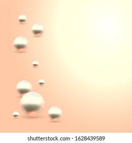 Vector Illustration for your design. Luxury beautiful shining jewellery background with rose pearls on pink background. Beautiful shiny natural pearls. With transparent glares and highlights for